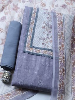 MEENA BAZAAR - Printed Cotton Grey Unstitched Kurta with Pant and Dupatta