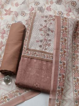 MEENA BAZAAR - Peach Printed Cotton Unstitched Kurta with Pant and Dupatta