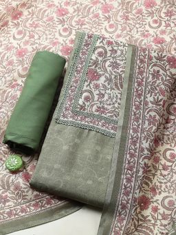 MEENA BAZAAR - Green Floral Cotton Unstitched Kurta with Pant and Dupatta