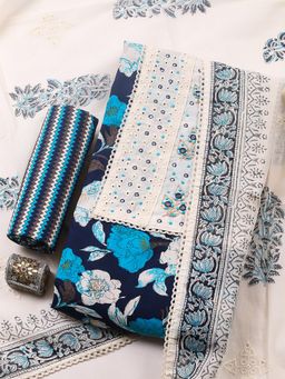 MEENA BAZAAR - Blue Embroidered Cotton Unstitched Kurta with Pant and Dupatta