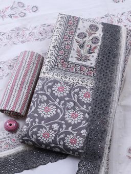 MEENA BAZAAR - Grey Floral Cotton Unstitched Kurta with Pant and Dupatta