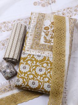 MEENA BAZAAR - Mustard Floral Cotton Unstitched Kurta with Pant and Dupatta