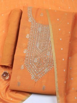 MEENA BAZAAR - Mustard Embroidered Chanderi Unstitched Kurta with Pant and Dupatta
