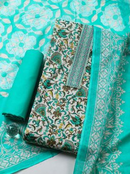MEENA BAZAAR - Green Printed Cotton Unstitched Kurta with Pant and Dupatta