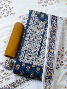 MEENA BAZAAR - Blue Floral Cotton Unstitched Kurta with Pant and Dupatta