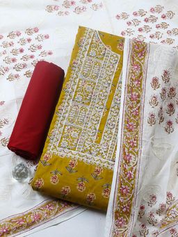MEENA BAZAAR - Mustard Floral Cotton Unstitched Kurta with Pant and Dupatta
