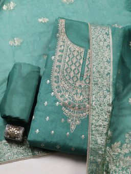 MEENA BAZAAR - Embroidered Chanderi Green Unstitched Kurta with Pant and Dupatta