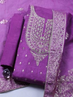 MEENA BAZAAR - Embroidered Chanderi Purple Unstitched Kurta with Pant and Dupatta