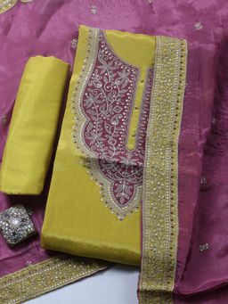 MEENA BAZAAR - Embroidered Mustard Chanderi Unstitched Kurta with Pant and Dupatta
