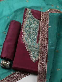 MEENA BAZAAR - Maroon Embroidered Chanderi Unstitched Kurta with Pant and Dupatta