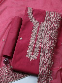 MEENA BAZAAR - Embroidered Chanderi Pink Unstitched Kurta with Pant and Dupatta