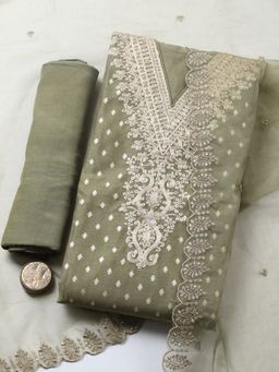 MEENA BAZAAR - Embroidered Chanderi Green Unstitched Kurta with Pant and Dupatta
