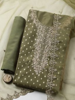 MEENA BAZAAR - Embroidered Green Chanderi Unstitched Kurta with Pant and Dupatta