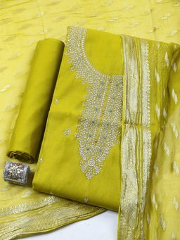 MEENA BAZAAR - Embroidered Green Unstitched Kurta with Pant and Dupatta