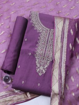 MEENA BAZAAR - Embroidered Purple Unstitched Kurta with Pant and Dupatta
