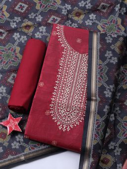 MEENA BAZAAR - Embroidered Red Unstitched Kurta with Pant and Dupatta
