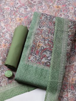 MEENA BAZAAR - Green Geometric Chanderi Unstitched Kurta with Pant and Dupatta