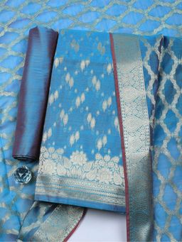 MEENA BAZAAR - Blue Woven Art Silk Unstitched Kurta with Pant and Dupatta