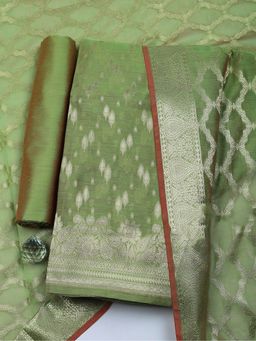 MEENA BAZAAR - Green Woven Art Silk Unstitched Kurta with Pant and Dupatta