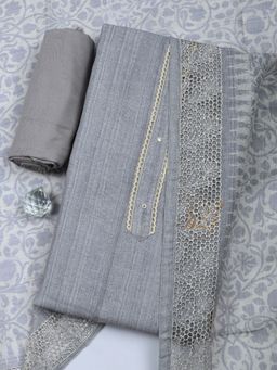 MEENA BAZAAR - Embroidered Grey Unstitched Kurta with Pant and Dupatta