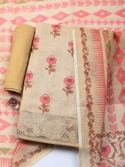 MEENA BAZAAR - Beige Floral Linen Unstitched Kurta with Pant and Dupatta
