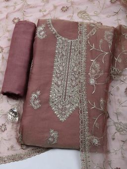 MEENA BAZAAR - Embroidered Pink Art Silk Unstitched Kurta with Pant and Dupatta