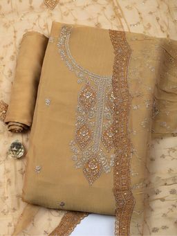 MEENA BAZAAR - Beige Embroidered Art Silk Unstitched Kurta with Pant and Dupatta