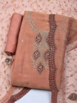 MEENA BAZAAR - Peach Embroidered Art Silk Unstitched Kurta with Pant and Dupatta