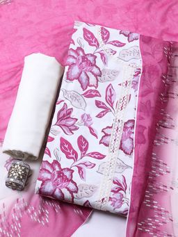 MEENA BAZAAR - Cream Floral Cotton Unstitched Kurta with Pant and Dupatta