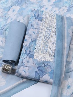 MEENA BAZAAR - Blue Floral Cotton Unstitched Kurta with Pant and Dupatta