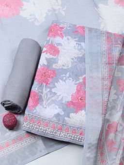 MEENA BAZAAR - Embroidered Grey Unstitched Kurta with Pant and Dupatta