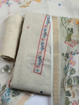 MEENA BAZAAR - Beige Floral Linen Unstitched Kurta with Pant and Dupatta