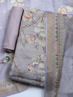 MEENA BAZAAR - Lavender Floral Linen Unstitched Kurta with Pant and Dupatta