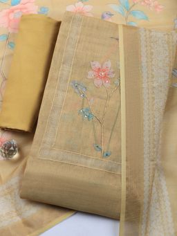 MEENA BAZAAR - Mustard Floral Linen Unstitched Kurta with Pant and Dupatta