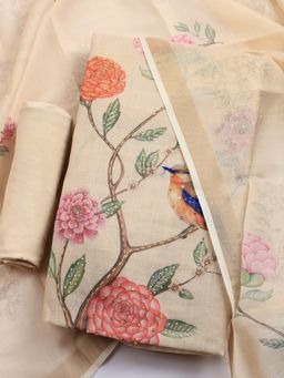 MEENA BAZAAR - Beige Floral Linen Unstitched Kurta with Pant and Dupatta