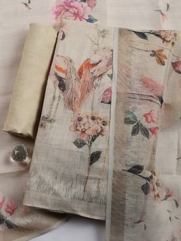 MEENA BAZAAR - Beige Floral Linen Unstitched Kurta with Pant and Dupatta