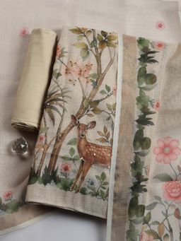 MEENA BAZAAR - Beige Floral Linen Unstitched Kurta with Pant and Dupatta