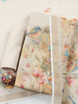 MEENA BAZAAR - Beige Floral Linen Unstitched Kurta with Pant and Dupatta