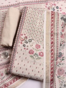 MEENA BAZAAR - Beige Floral Linen Unstitched Kurta with Pant and Dupatta