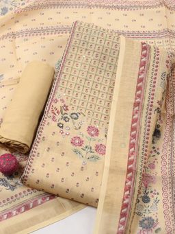 MEENA BAZAAR - Mustard Floral Linen Unstitched Kurta with Pant and Dupatta