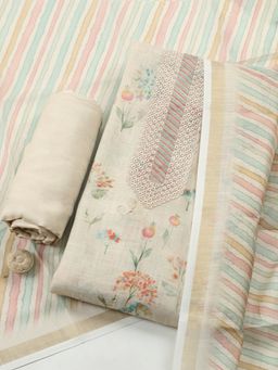 MEENA BAZAAR - Beige Floral Linen Unstitched Kurta with Pant and Dupatta