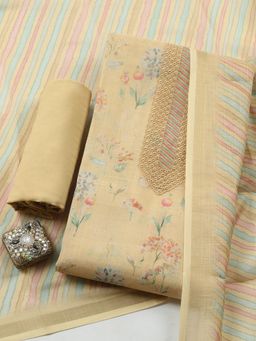 MEENA BAZAAR - Mustard Floral Linen Unstitched Kurta with Pant and Dupatta