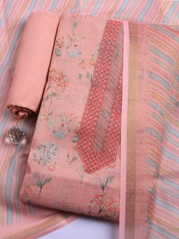 MEENA BAZAAR - Pink Floral Linen Unstitched Kurta with Pant and Dupatta