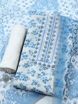 MEENA BAZAAR - Blue Floral Linen Unstitched Kurta with Pant and Dupatta
