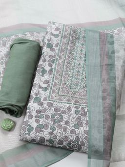 MEENA BAZAAR - Green Floral Linen Unstitched Kurta with Pant and Dupatta