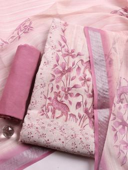 MEENA BAZAAR - Pink Floral Linen Unstitched Kurta with Pant and Dupatta