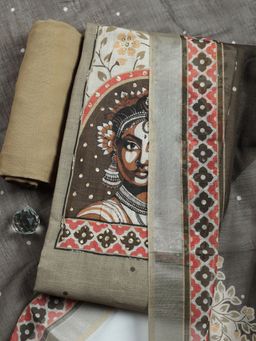MEENA BAZAAR - Beige Printed Linen Unstitched Kurta with Pant and Dupatta