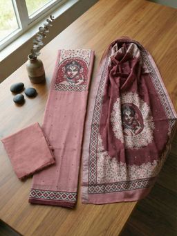 MEENA BAZAAR - Pink Printed Linen Unstitched Kurta with Pant and Dupatta