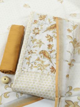 MEENA BAZAAR - Mustard Floral Linen Unstitched Kurta with Pant and Dupatta