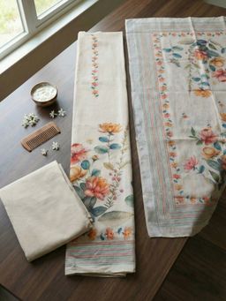 MEENA BAZAAR - Beige Floral Linen Unstitched Kurta with Pant and Dupatta